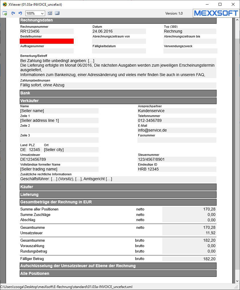 XViewer Vorschau – Anzeige einer E-Rechnung (XRechnung) mit Rechnungsdaten, Verkäufer und Gesamtbeträgen