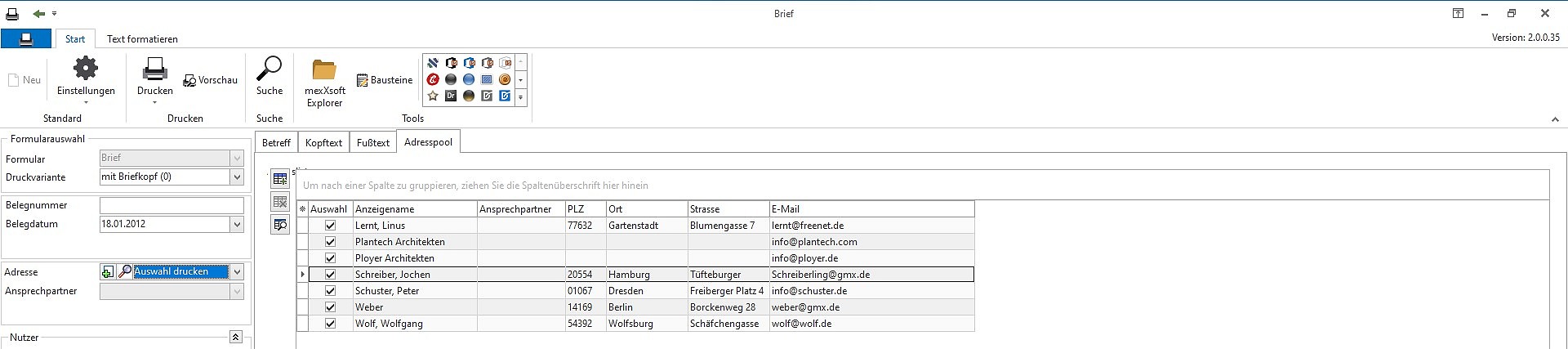 mexXsoft X2 – Briefauswahl