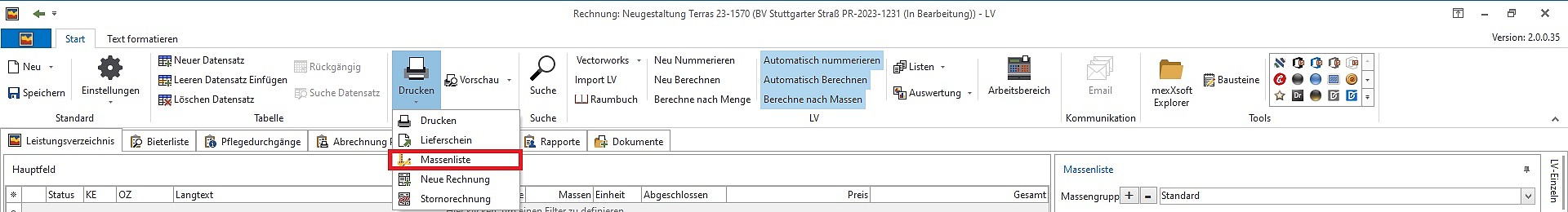 mexXsoft X2 – Druck Massenliste