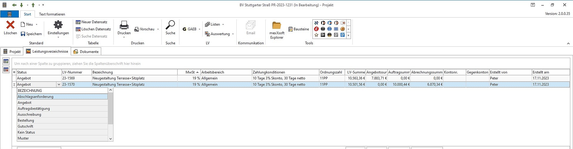 mexXsoft X2 – LV Status & Abschlag