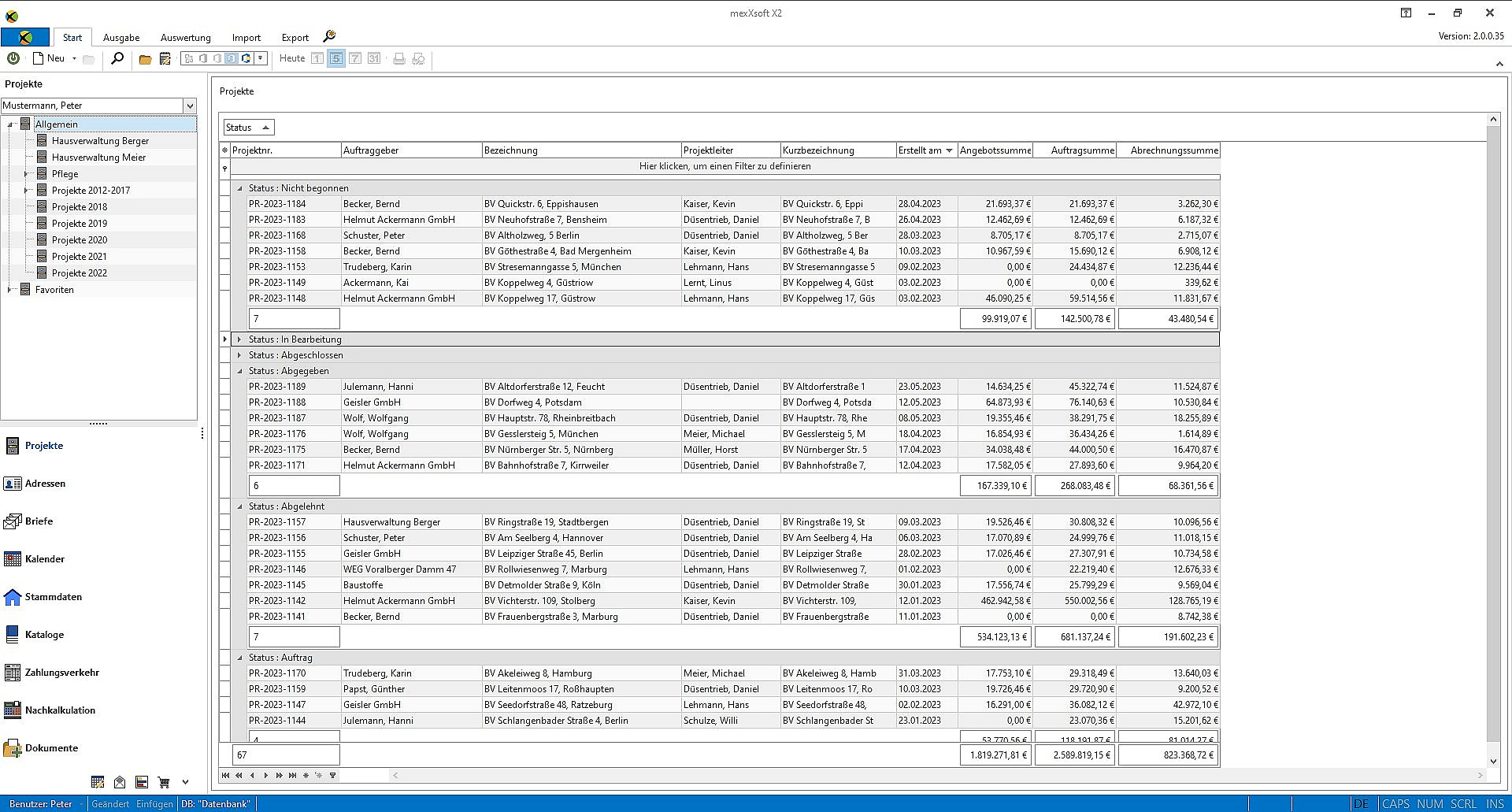 mexXsoft X2 – Projektliste gruppiert